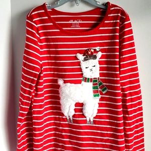 Girls Xmas red striped shirt top long sleeve fluffy llama w/ Sequin Santa hat 10